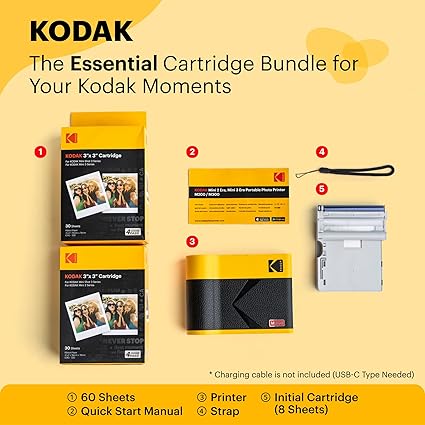 KODAK Mini 3 ERA 4PASS Portable Photo Printer (Yellow, Printer + Initial 8 Sheets + 60 Sheets)